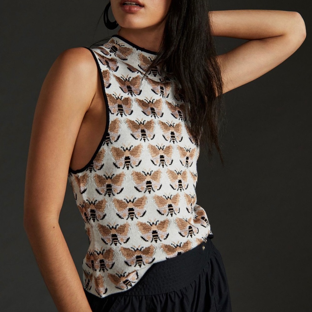 Sarah Gordon x Maeve for Anthropologie Maria Mock Neck Sweater Tank Bee Pattern
